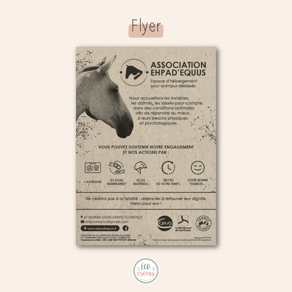 Design d'un flyer pour l'association Ephad Equus en papier herbe.